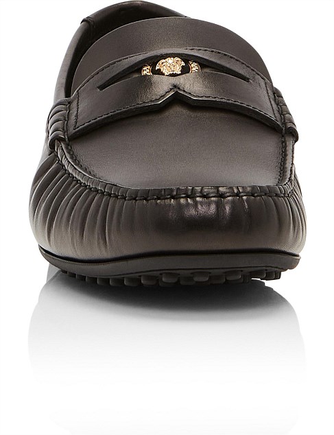 Fashionable & unique Black and Gold Medusa Plaque Leather Loafer ...